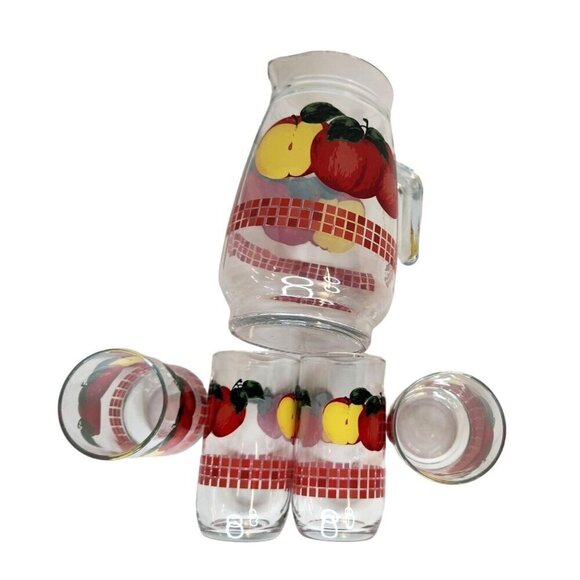 Vintage KIG Malaysia Clear Glass 48oz Handled Pitcher 4 juice glasses, Red Apple - Picture 3 of 16